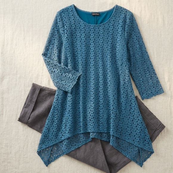 Initiatives Tops - Initiatives Lined Teal Blue Lace Tunic Sharkbite Hem Crochet Lagenlook Blouse XL